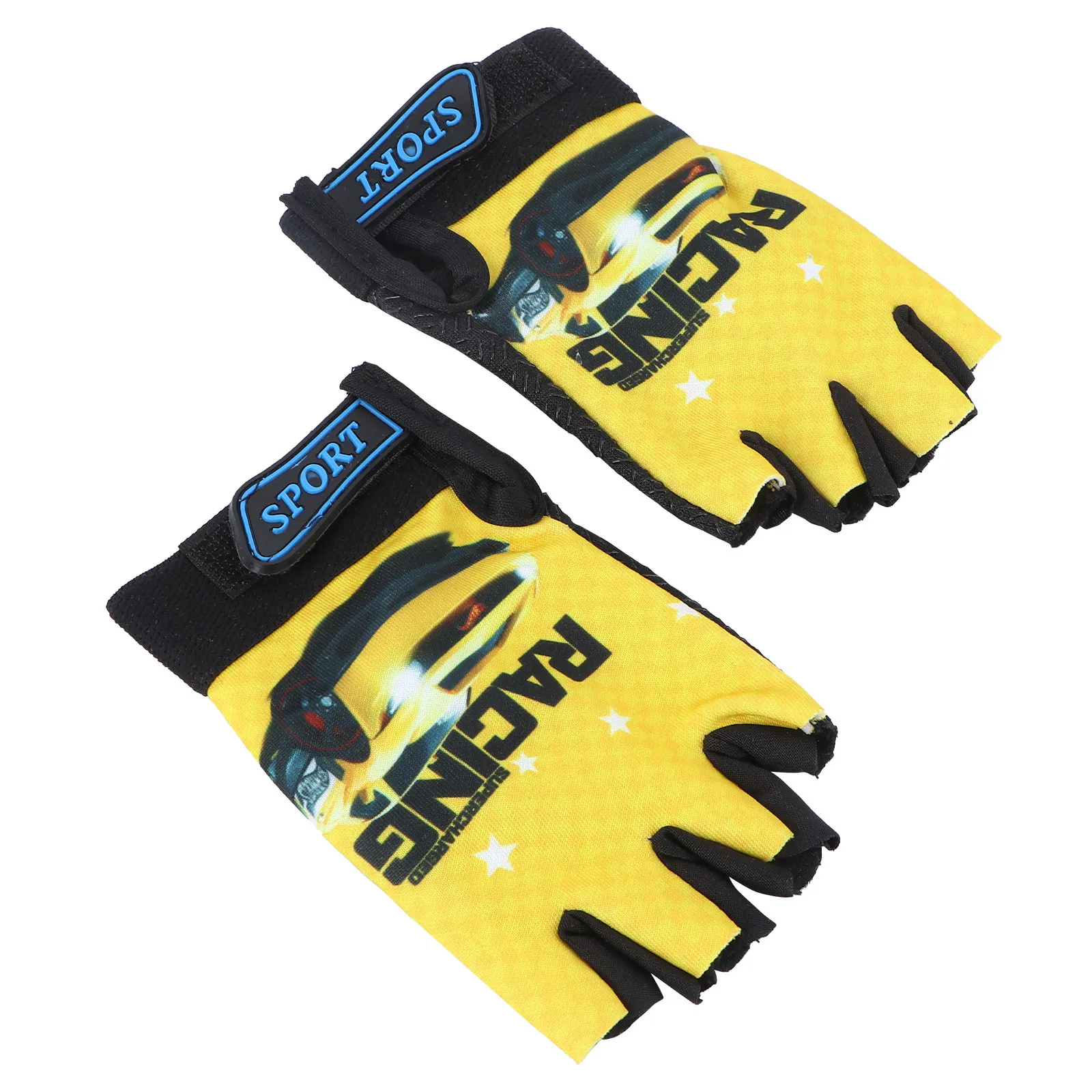 

Yellow Half Finger Cycling Gloves Microfiber Palm Breathable Waterproof Anti-Slip Cool Car Pattern for Biking Running