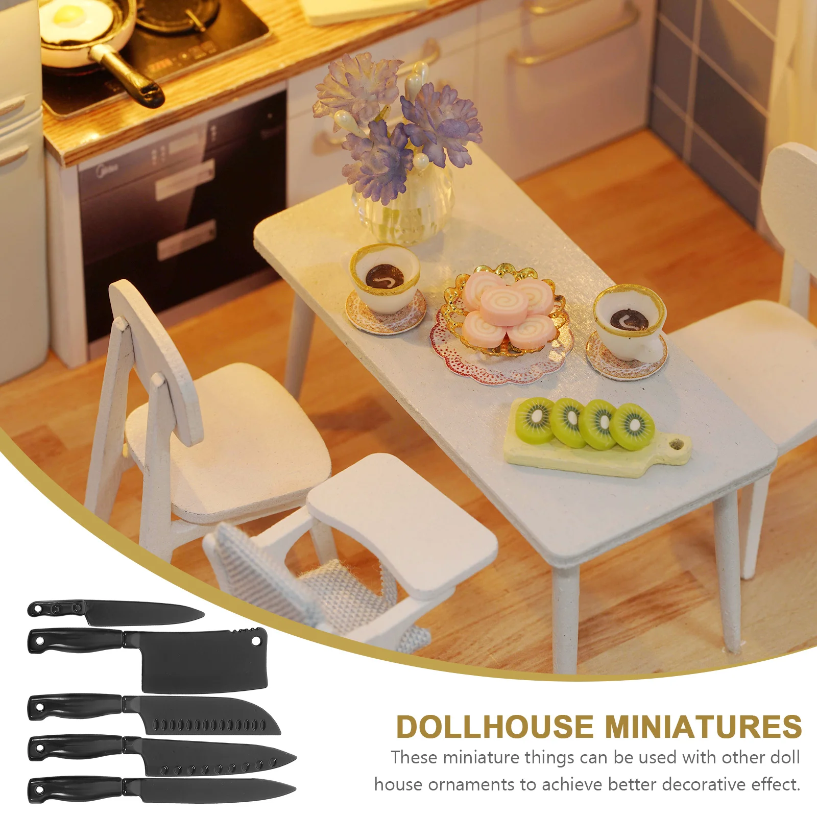 

5 Piece Stainless Steel Dollhouse Miniature Kitchen Cutlery Set Alloy Toy Utensils for Mini House Scene Kids Play Accessories