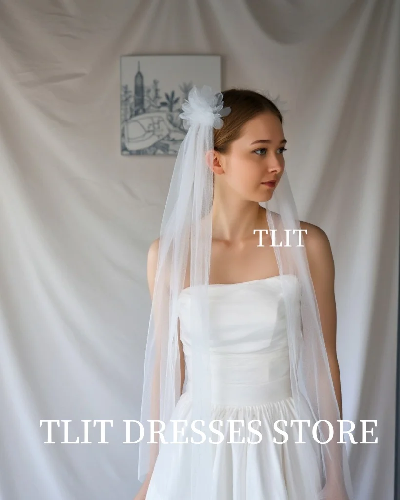 TLIT Elegant Two Flower Long Bride Wedding Veil Short Fingertip Bridal Tulle Veil Headdress and Cut Edge Customized  For Women