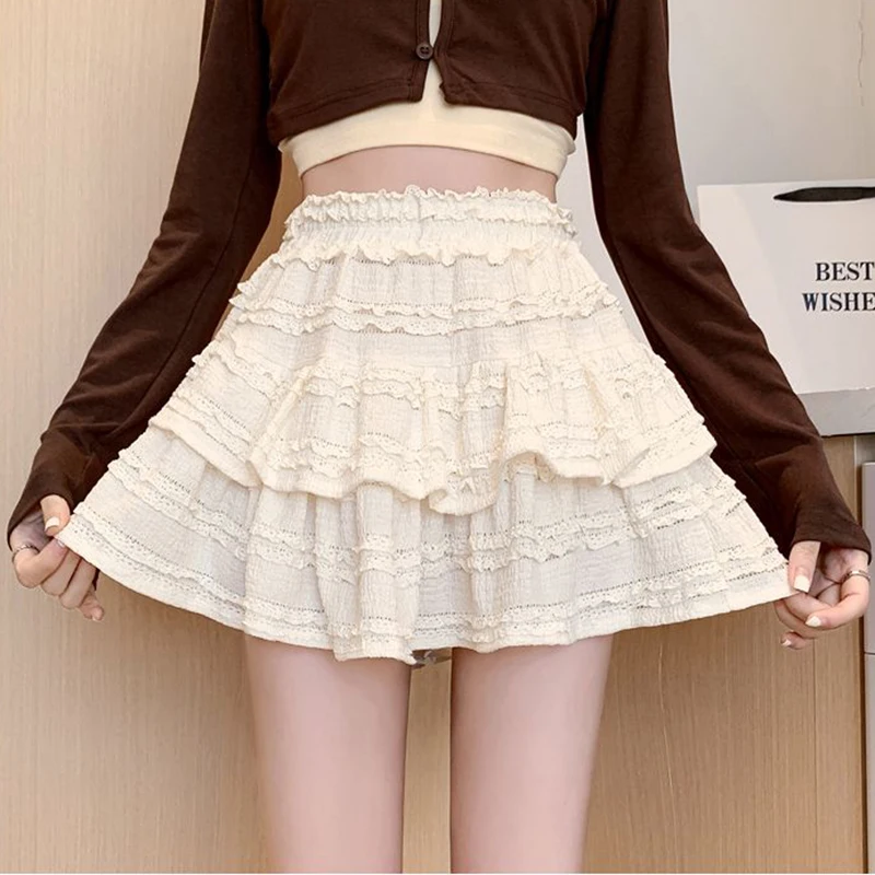 Gidyq Sweet Cute Lace Mini Skirt Women Kawaii White Ruffles Pleated Skirts Summer Korean High Waist Black Casual A Line Skirt