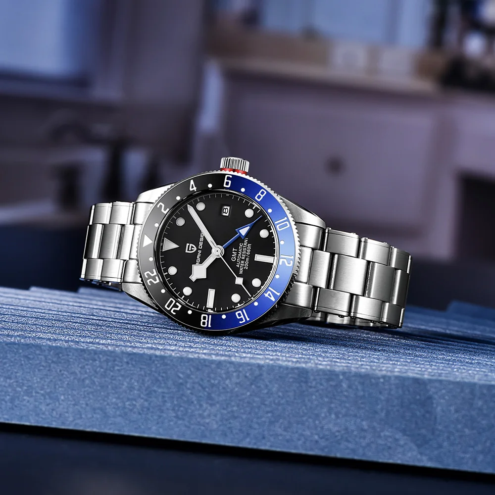 2025 جديد PAGANI DESIGN GMT ساعات رجالية فاخرة ساعات آلية للرجل ساعات المعصم التلقائية الياقوت مرآة ساعة مع صندوق