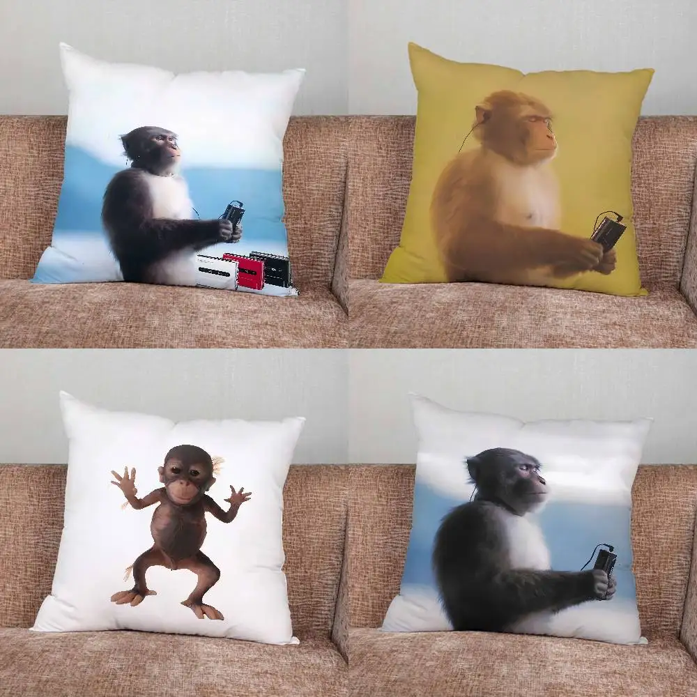 

Monkey Listening Song Tape Cassette Pillow Case For Home Bedroom Car Office Decoration Living Room Sofa Cushion Cover Suitable
