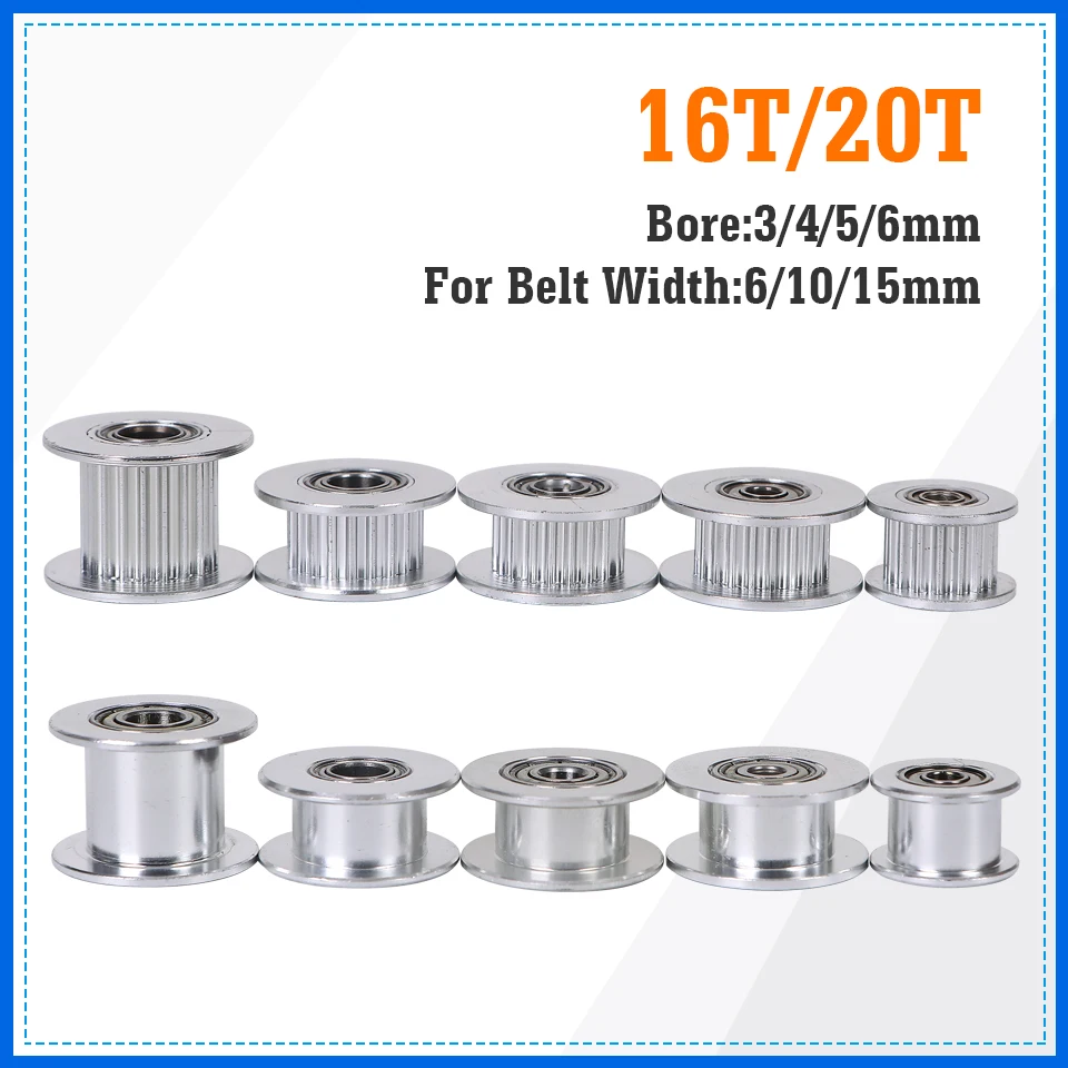 16T/20T GT2 Idler Timing Pulley 16 tooth 20 Teeth with 3/4/5/6mm Bore with Bearings for 3D Printer Parts Timing Belt 6/10/15mm