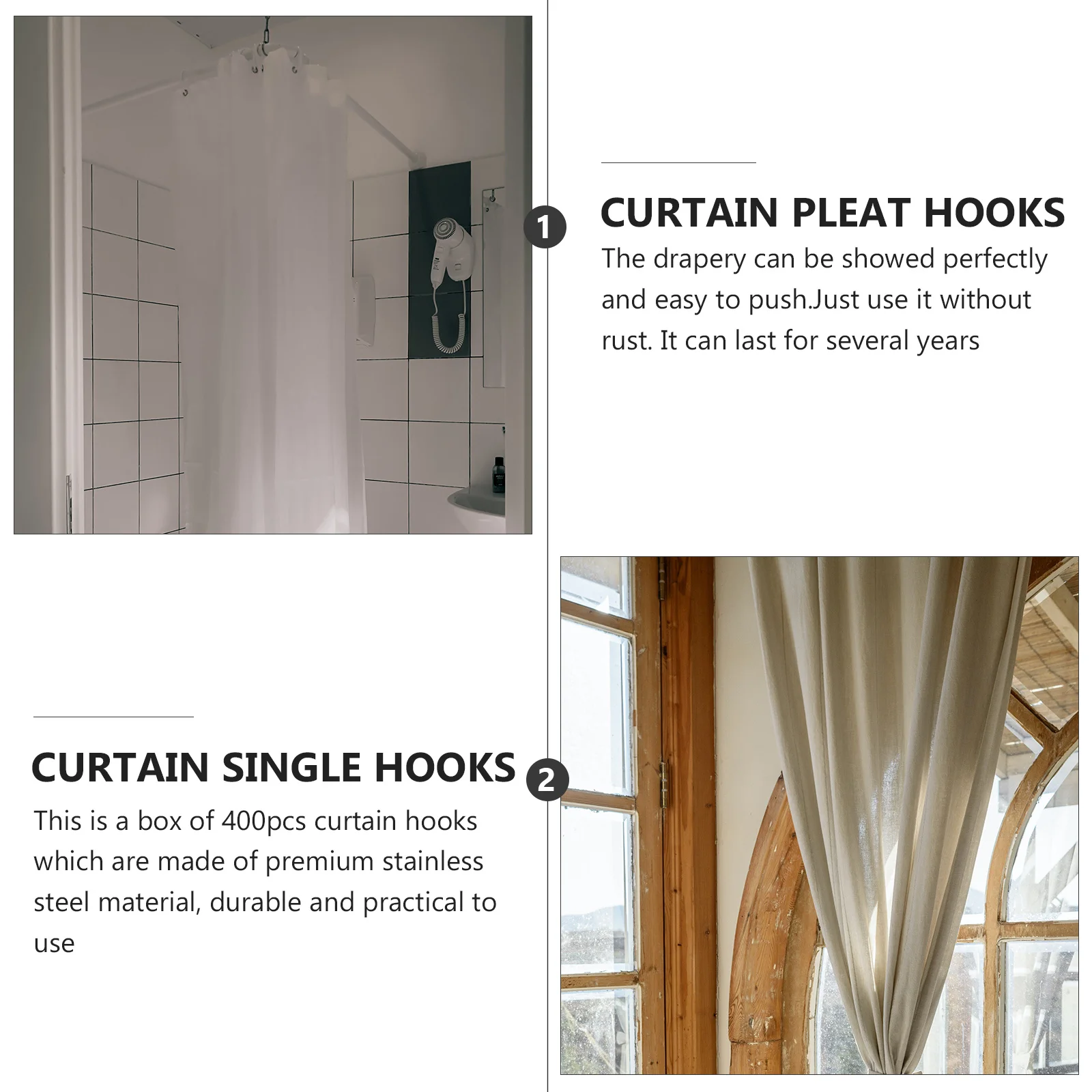 

400Pcs Stainless Steel Single Curtain Hooks Sturdy Window Drapery Accessories for Bathroom Shower Curtain Pleater Hooks