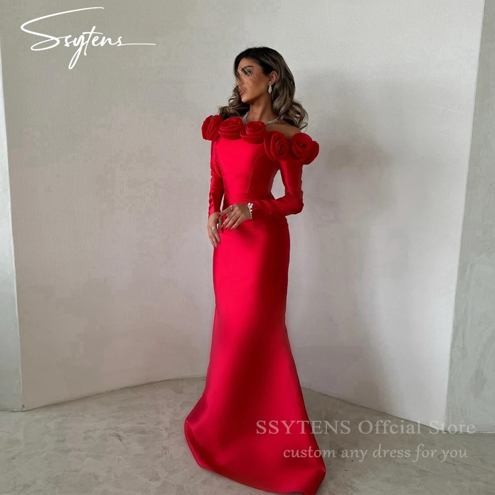 SSYTENS Saudi Red 3D Flowers Formal Occasion Dresses 2024 Mermaid Wedding Strapless Long Party Prom Evening Gowns فساتين الحفلات