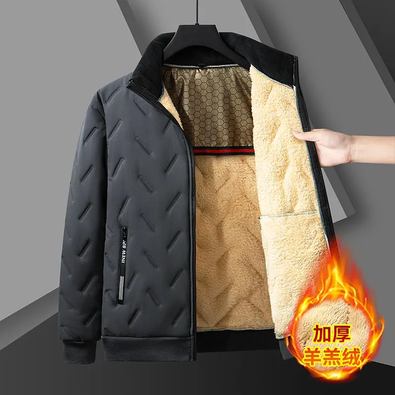 2024 Winter New Fashion Solid Color Plus Fleece Thick Warm Cotton-Padded Jacket Men's Casual Loose Large Size High Quality Coat