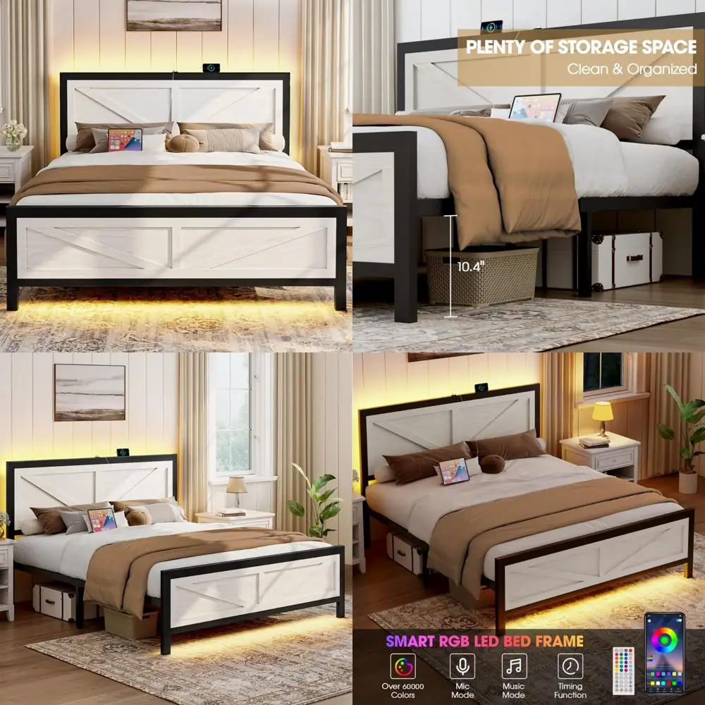 King Size Rustic Barn Door LED Bed Frame with Charging Station and Industrial Metal Platform Design