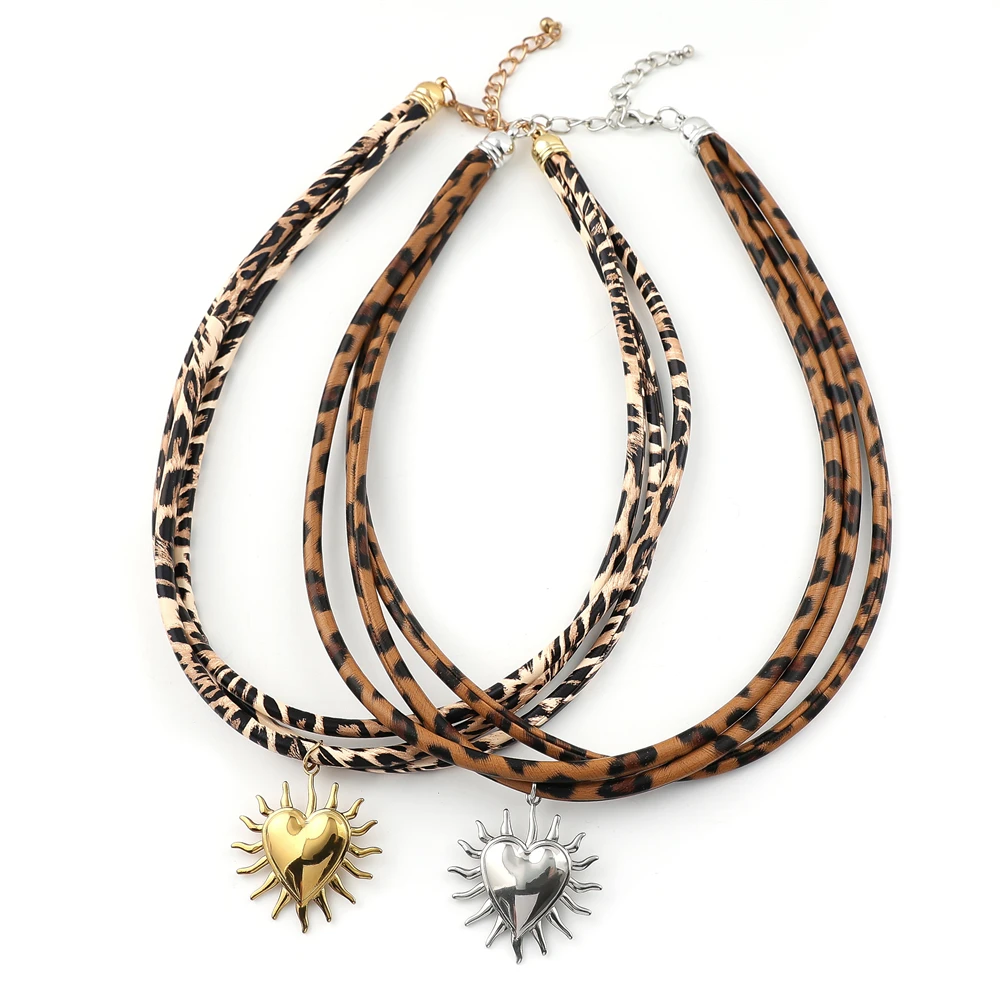 Y2K Stainless Steel Sun Heart Pendant Necklace for Women Girl Gold Color Leopard Print Pu Multi-layer Choker Chain Jewelry Gift