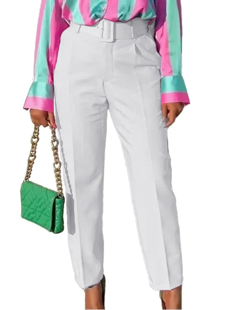 Business Pencil Pants Women Fashion 2025 Spring Summer Solid Casual High Waist Cropped Pant Office Lady Pocket Trouser With Belt