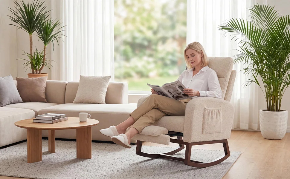 Upholstered Nursery Rocking Chair with Footrest &amp;amp; Side Pocket