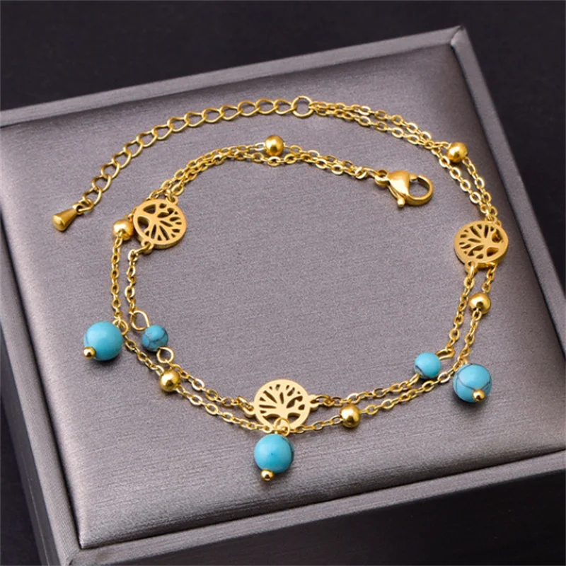 316L Stainless Steel New Fashion Jewelry 2-layer Beading Seashells Star Square Zircon Tree Of Life Charm Chain Anklets For Women