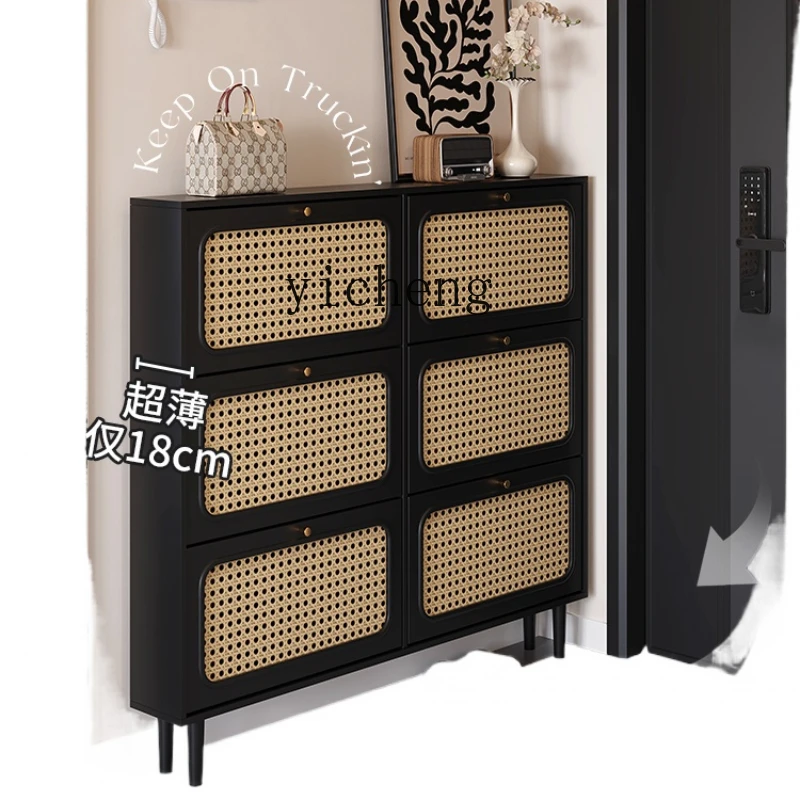 

ZC Rattan Ultra-Thin Shoe Cabinet Home Doorway Entrance Corridor Narrow Tilting Entrance Cabinet