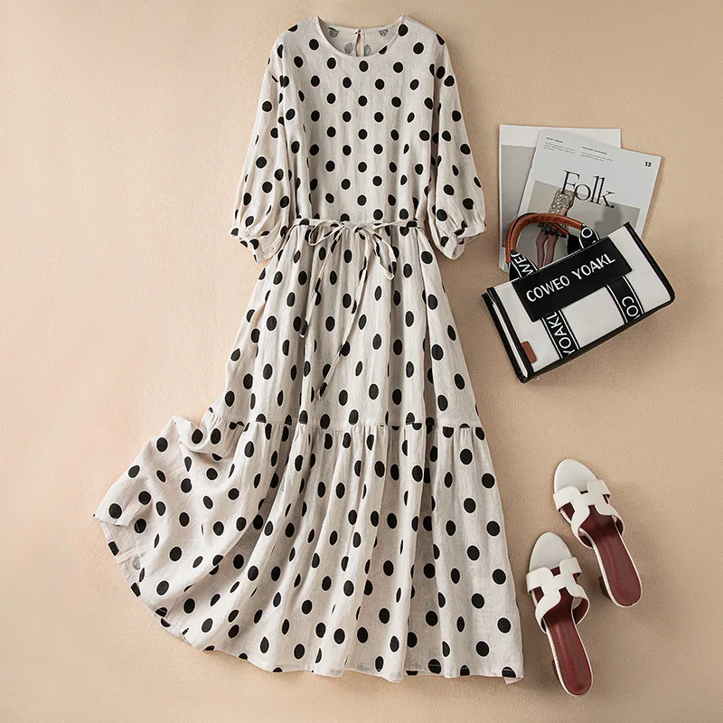 Summer Polka Dot Dress round Neck A-Line Long Vintage Elegant Slimming High-End Feeling Women's Fashion plus Size Gown