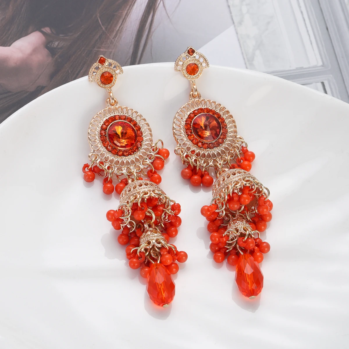 Vintage New Pink Crystal Round Drop Earrings for Women Luxury Gold Plated Multilayer Bell Tassel Earrings Jewelry Brincos 2024