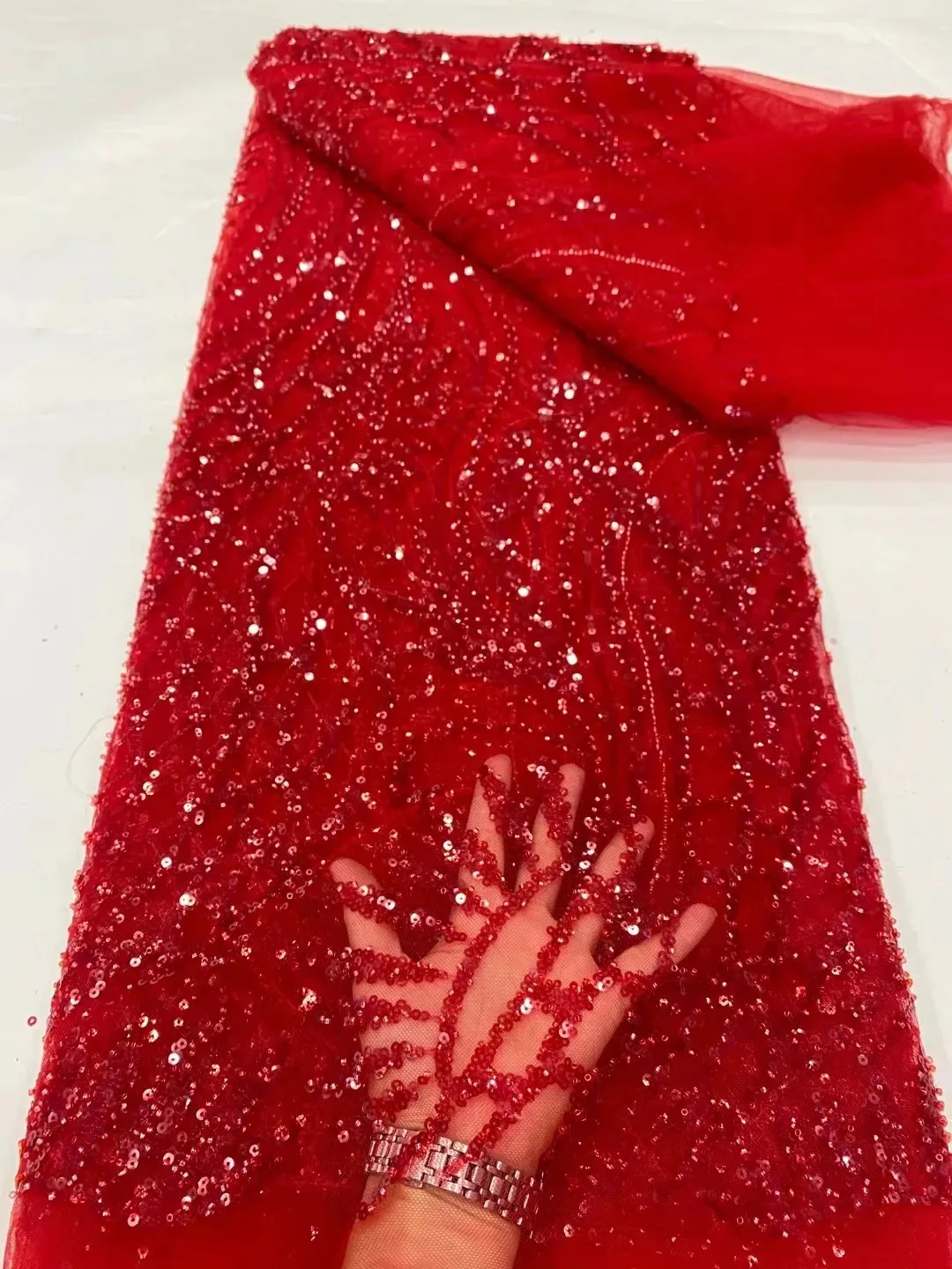 GWhite Latest French Tulle Beaded Sequins Lace Fabrics 5 Yards 2025 High Quality Nigerian African Lace Fabric For Wedding Party