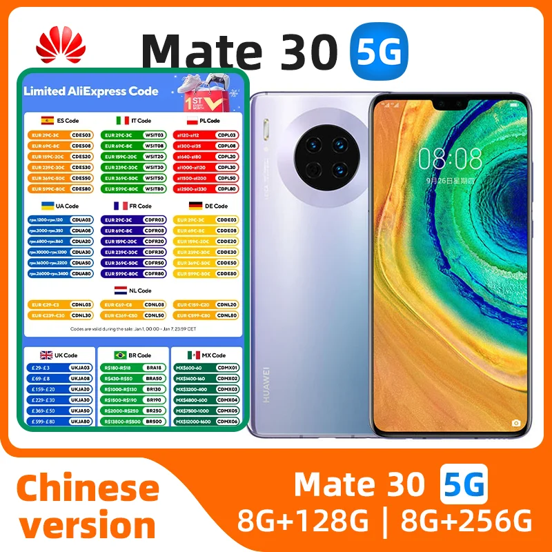 HUAWEI Mate 30 Smartphone 5G 40MP+24MP Camera 6.62 inch 256GB ROM 8GB RAM Mobile phones HarmonyOS 4200mAh NFC used phone