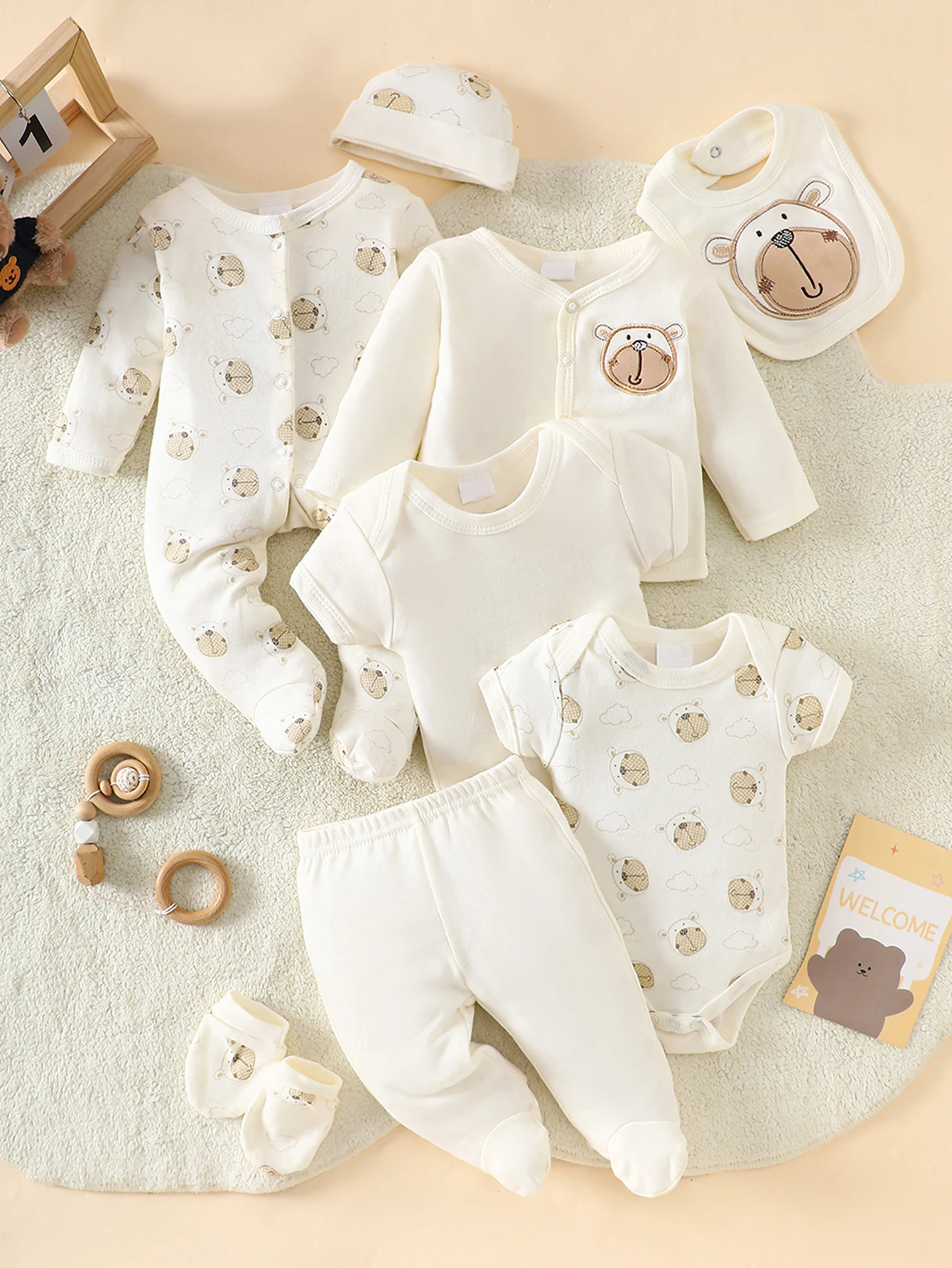 8-Piece Newborn Romper Set • 100% Cotton • Soft & Breathable Beige with Cute Bear Pattern, Perfect for Sleeping & Crawling