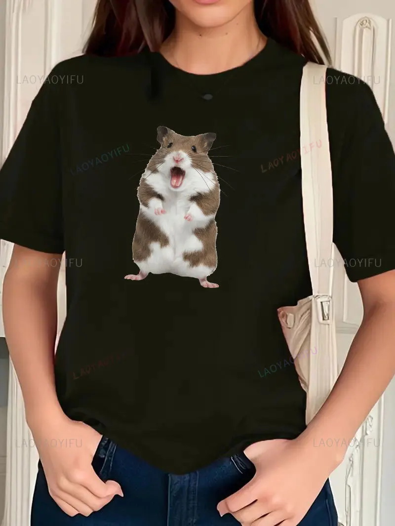 Uh-huh Screaming Hamster Woman Cotton T Shirt Casual Fashion Streetwear Cartoon O-neck Printed T-shirt Creative Kawaii Clothes