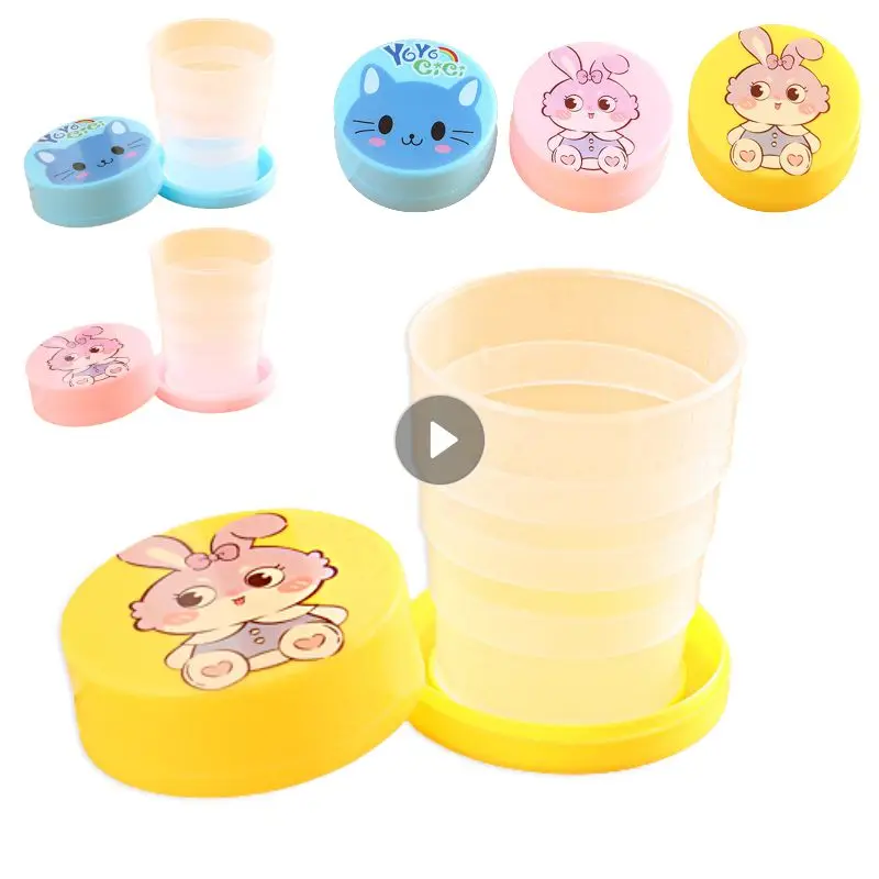 100ML Folding Cup With Lid Portable Reusable Plastic Water Cup Cartoon Collapsible Mouthwash Cup Travel Outdoor Drinking Cup