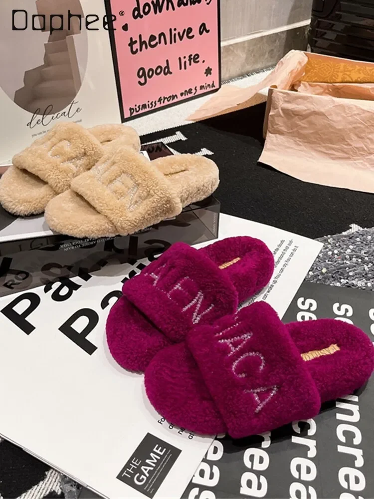 

Lamb Wool Slippers Women Thick Soled Casual Sandals Rhinestone Letter Open Toe Platform Shoes Outdoor Solid Color Fashionable