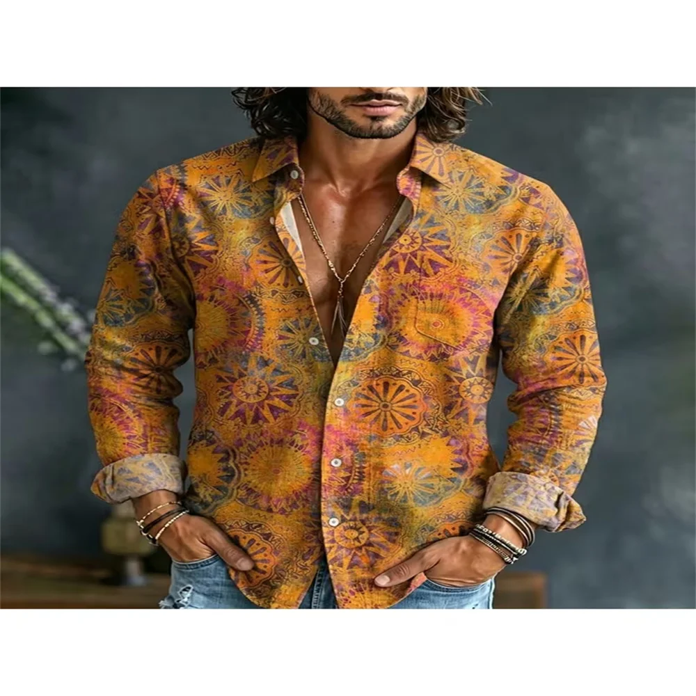 Men's Bohemian Hippie Long Sleeve Shirt Retro Patchwork Sunflower Peace Symbol 3D Print Turn‑down Collar Casual Shirts Oversized