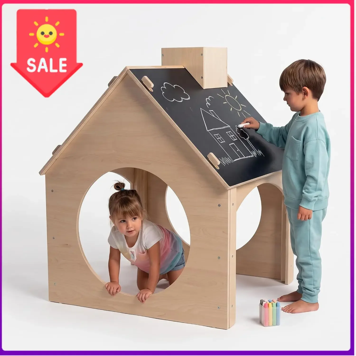 USA StockIndoor Montessori Wooden and Waldorf Style Playhouse for Toddlers with Double Chalkboard Roof. Sturdy Play Set Structur