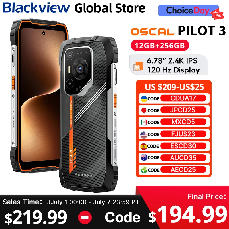 Blackview Oscal PILOT 3 Rugged Phone 5G MediaTek Dimensity 6300 6.78-inch 2.4K IPS 120Hz Display 50MP 7500mAh NFC Cellphone