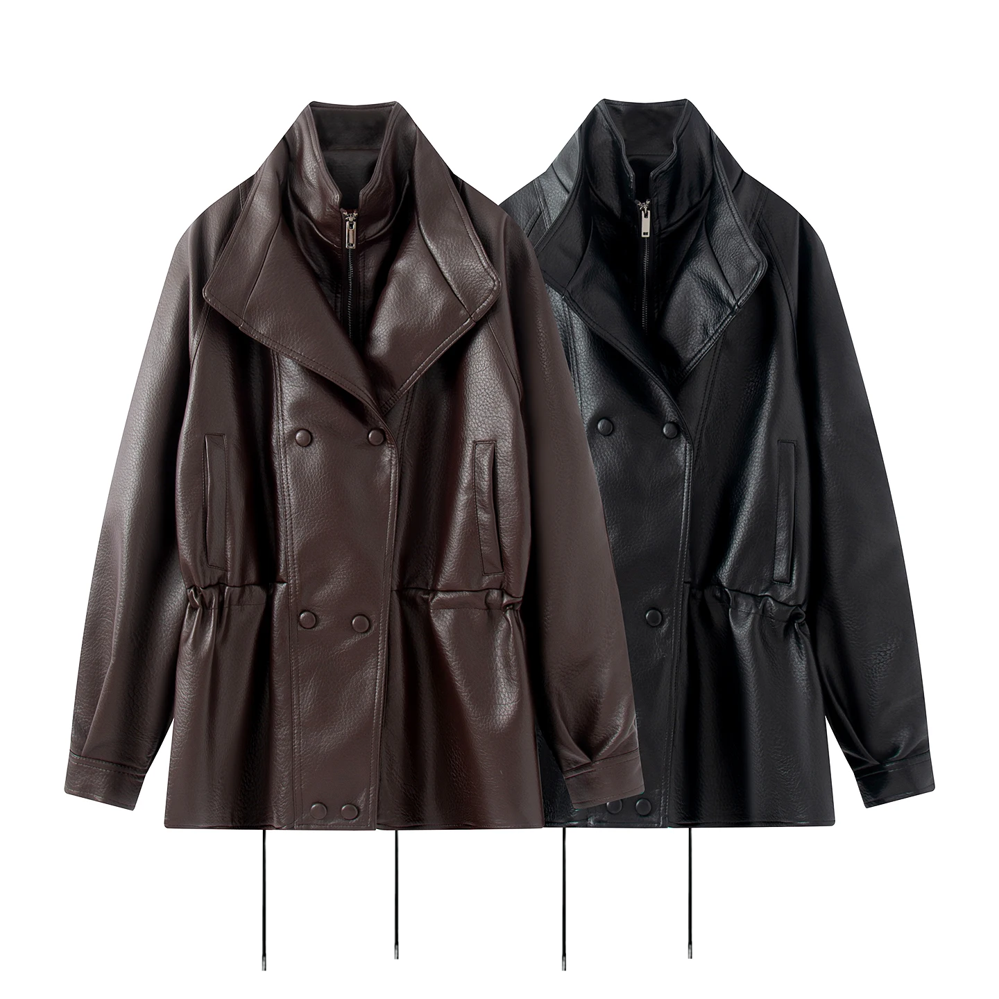 Women's Loose Fit Double Breasted Soft Leather Jacket Waist Cinched Pleated mid Length Coat Outerwear Spring Autumn New Style