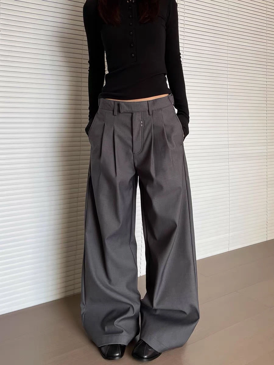 Calças Casuais de Cintura Alta com Pregas Estilo Americano para Homens e Mulheres Design Vintage Soltas e Es