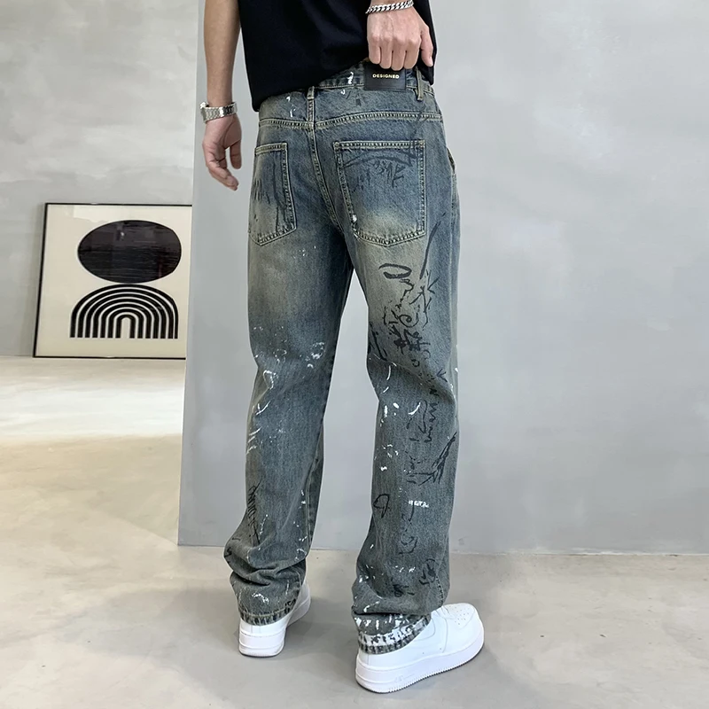 

2024 new retro blue men's straight jeans American washed old personality graffiti printing casual wide-leg pants tide