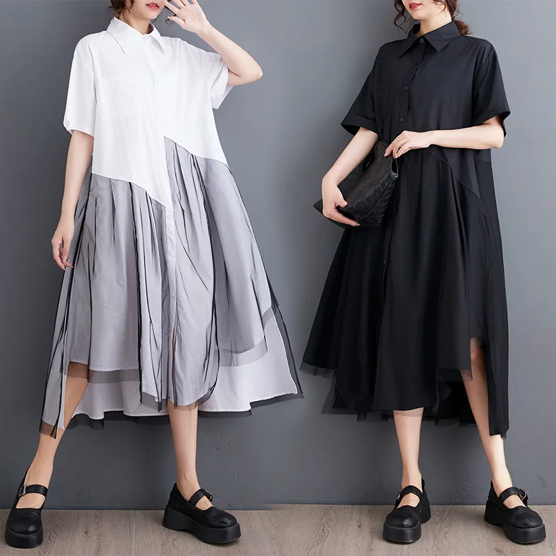 Tannt Women Dress Patchwork Mesh Splicing Asymmetry Shirts Dresses Black White Color Matching Long Summer Dresses Women 2024