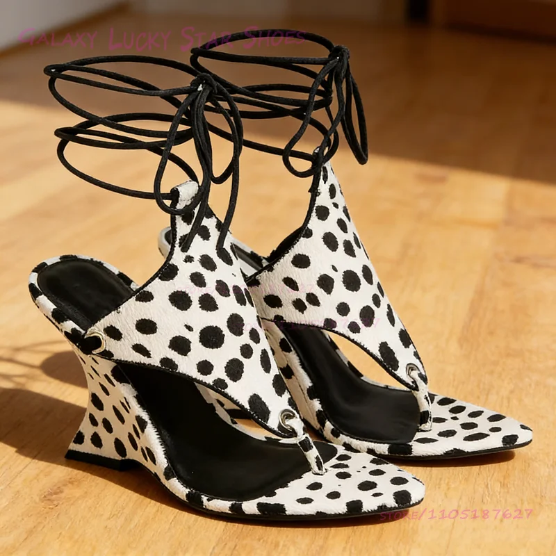 البني الجلد المدبوغ تابي صندل خشبي النساء أسود أبيض البولكا نقطة الأشرطة المفتوحة الكعوب جولة تو الأسود Slingback مثير المرقعة الأحذية #5