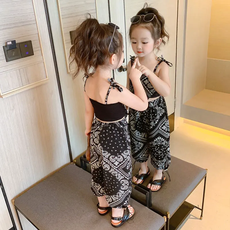 

3-6Years Summer Suit Thin Girls Suit Suspender Mosquito-proof Pants Two Pieces of Cute Girl Children's Clothes