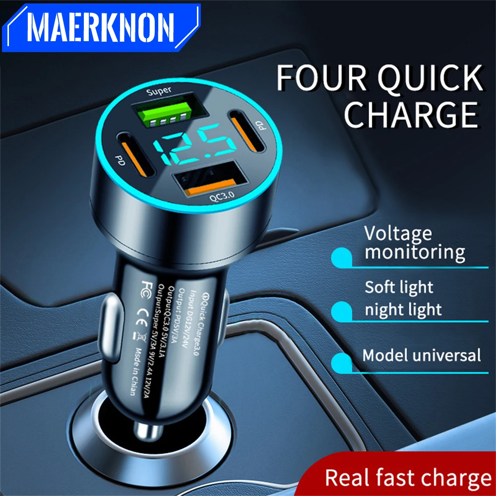 66W Car Charger USB PD Type C Fast Charging Car Phone Charger For iPhone 15 Samsung Xiaomi 4 Ports LED Display Car Quick Charger