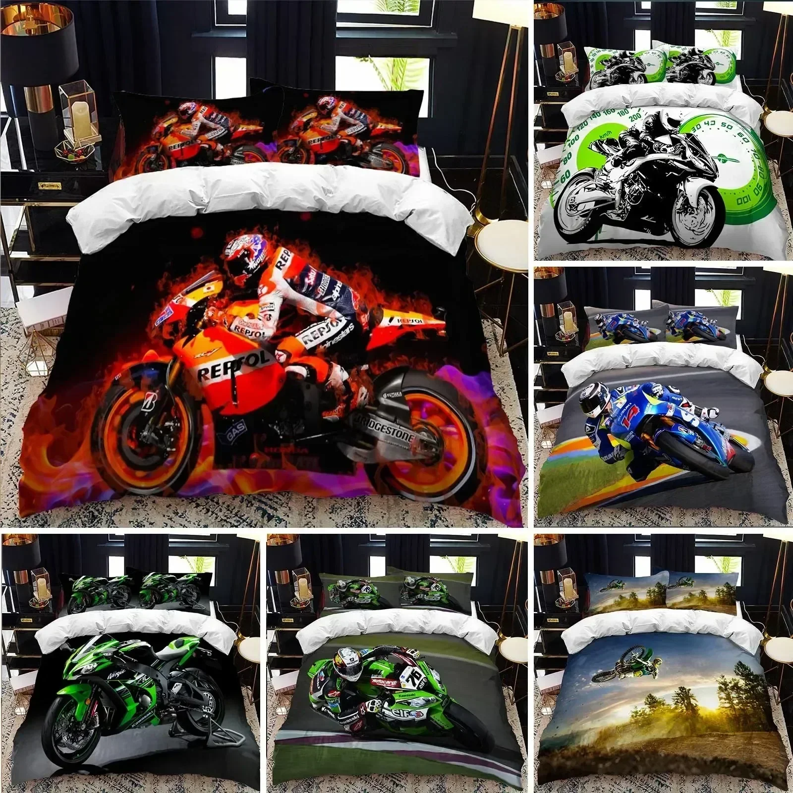 Motorcycle Rider Bed Duvet Cover Set Queen Calico Twin Size Comforter Cover Bedding Set Single King Soft Polyester Quilt Cover D