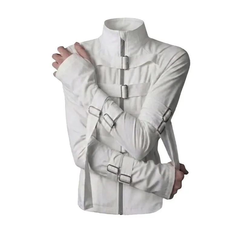Y2K White Jacket Stand Collar Full Zip Multi Metal Buckle Straps Design Slim Fit Goth Techwear Dark Streetwear Party Outerwear