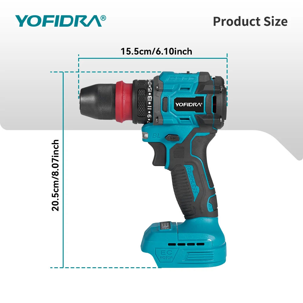 YOFIDRA 2-in-1 Bürstenloser Elektrischer Schraubendreher Hammer Kabelloser Bohrer Schlagbohrer Multifunktionales Elektrowerkzeug für Makita-Akku – Detail 5