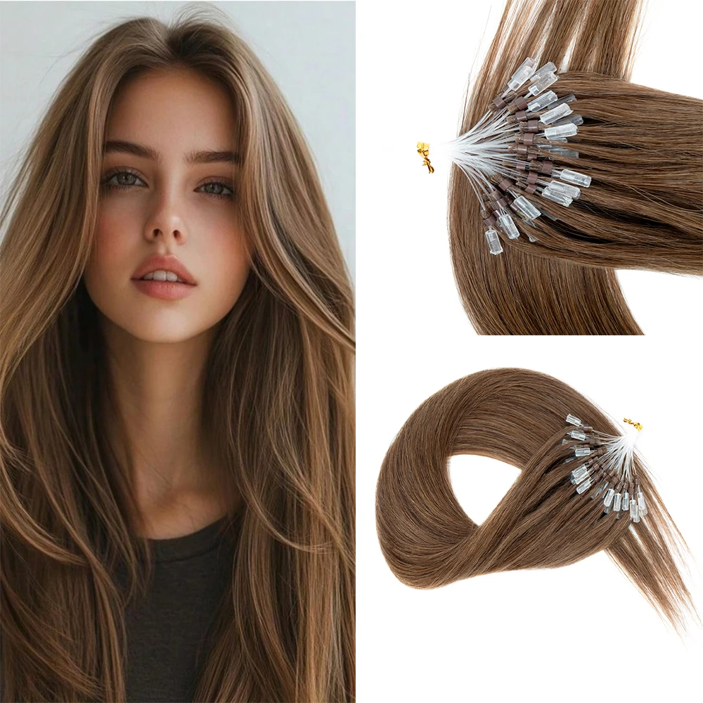 

Наращивание волос Micro Loop 18 дюймов, оттенки 06 и P4-27, 100% натуральные человеческие волосы, невидимые бусины, бесшовные, без повреждений, для женщин