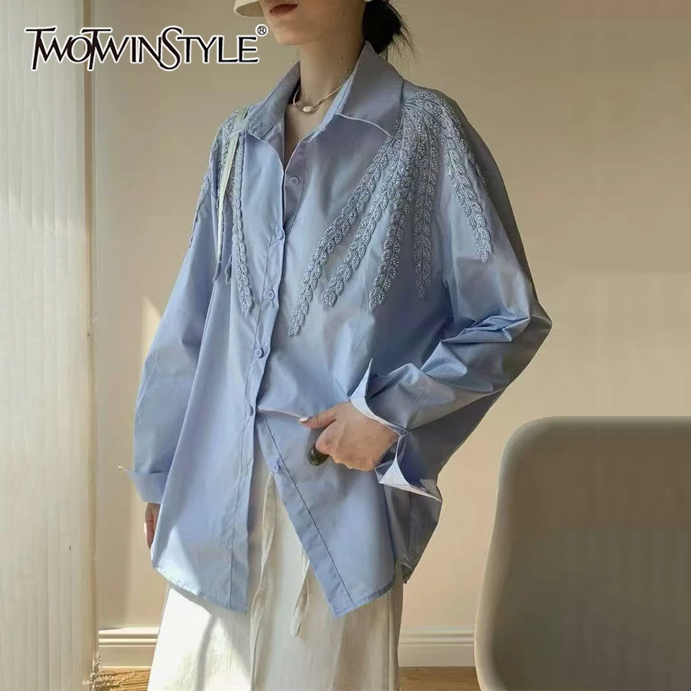 

TWOTWINSTYLE Solid Spliced Beading Chic Shirt Female Lapel Long Sleeve Loose Literary Casual Women's Shirts Autumn Fashion New
