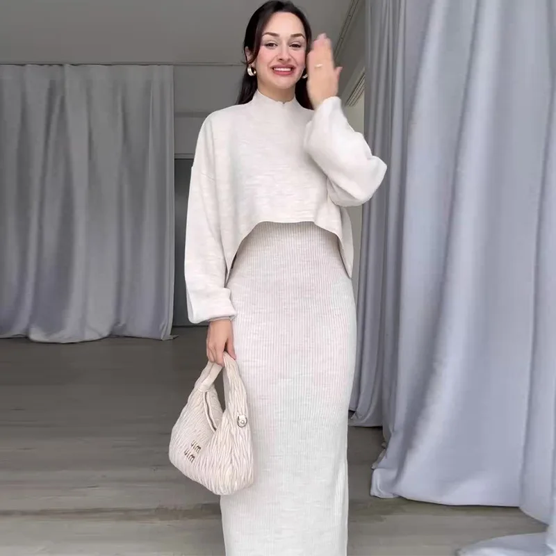 Dress Set Two Piece Sets Women Sexy Sweater Dress Autumn Winter Top Knitted Long Dresses High Waist Elegant Matching Sets