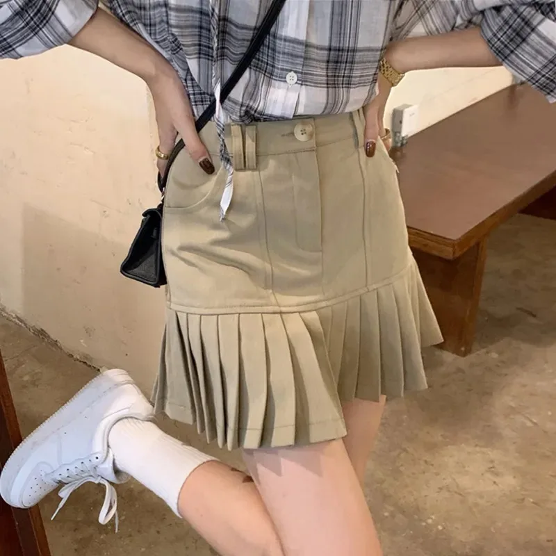 Women's Khaki High Waist Pleated A-Line Mini Skirt Casual Slim Design Skirt