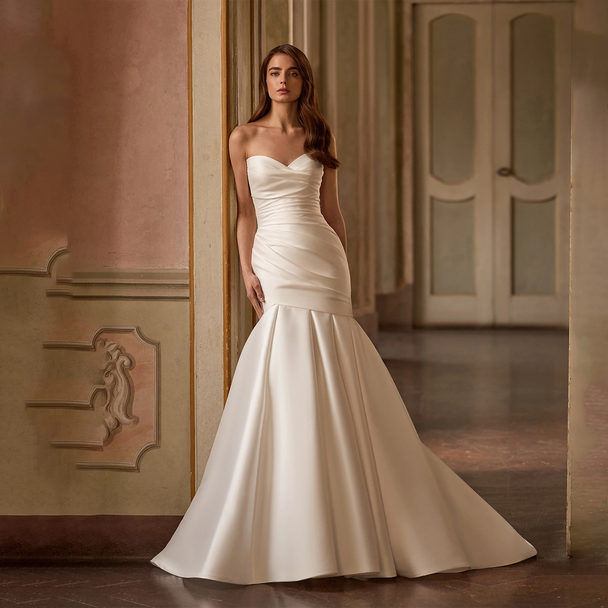 Ruched Satin Mermaid Wedding Dress Pleated Detachable Train Strapless Sweetheart Elegant Bridal Gownd vestido novia Customized