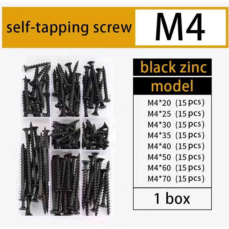 M4  Countersunk Flat Head Self-Tapping Wood Screws,Yellow Zinc Plated Finish Screw Kit,Screws for Metal,Full Thread Screw Set