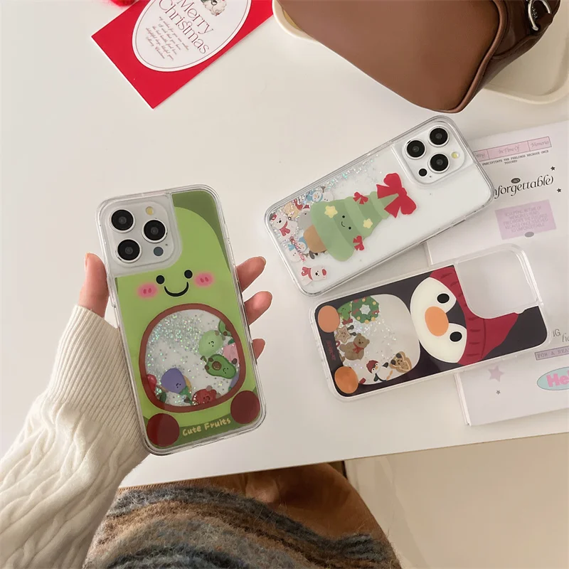 

Cute Christmas Snowman Wish Tree Gingerbread Man Fruit Bear Penguin Quicksand Glitte Case For iPhone 13 14 15 16 Pro Max Cover