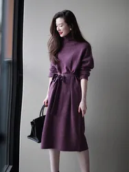 European station 2022 new high-end sense with overcoat purple long skirt women high collar knit base dress autumn and winter