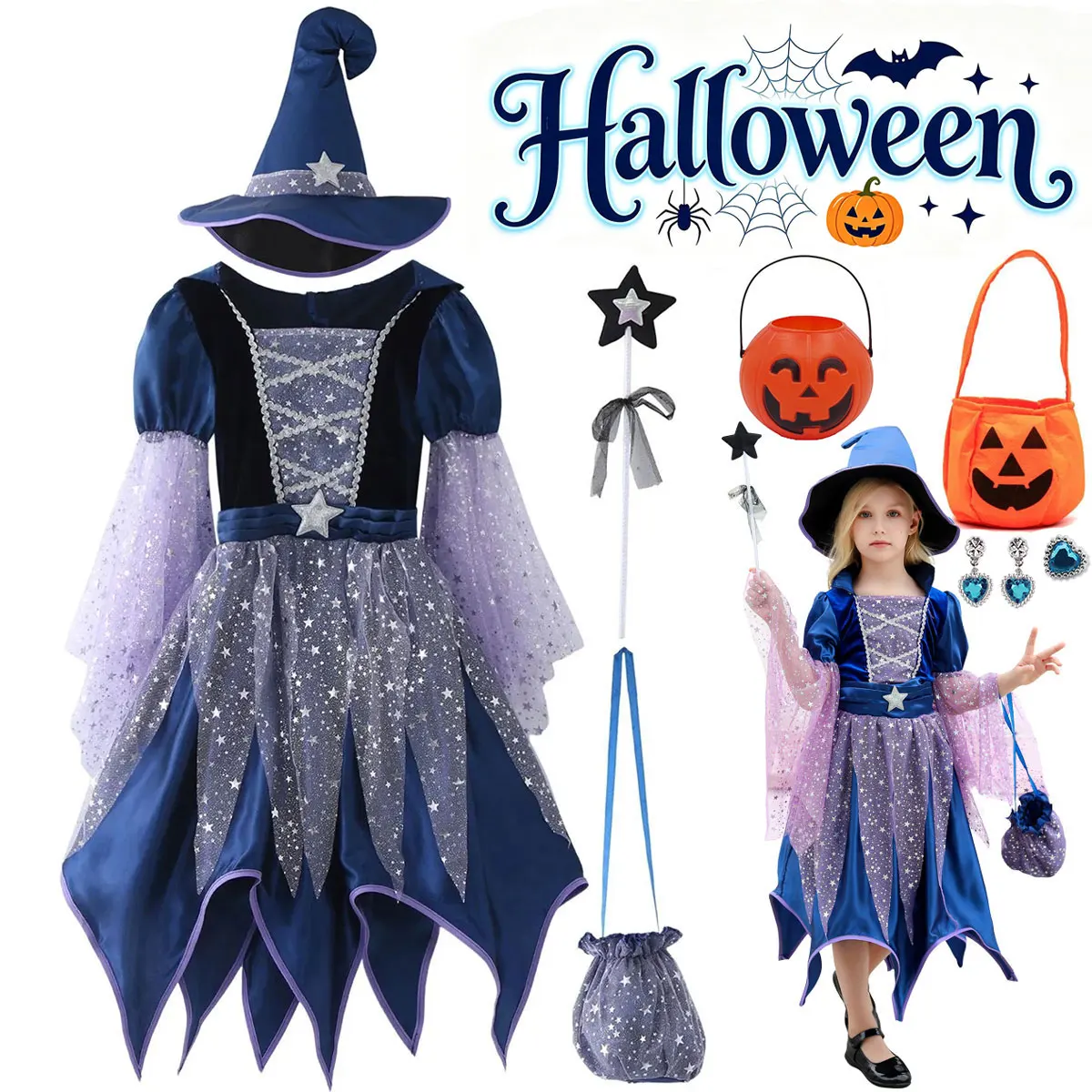Halloween Girl Plays Witch Blue Cute Dress and Comes With Witch Hat Magic Wand Bag Four-piece Set Birthday Party Carnival Dress