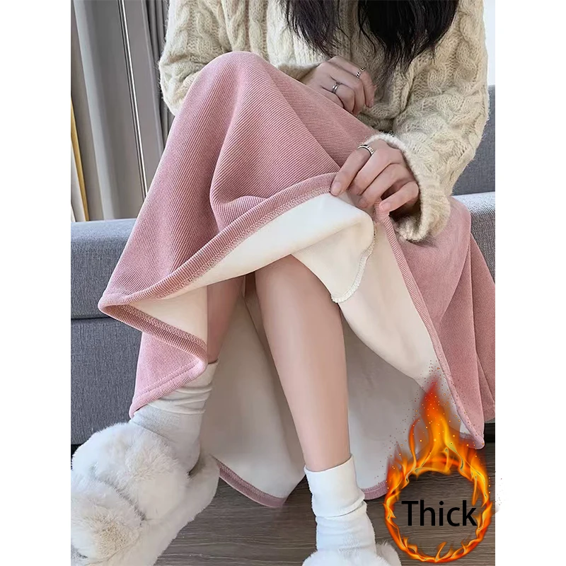 MEXZT Vintage Corduroy Midi Skirts Women Korean Black Pink Fleece Pleated Skirt Winter High Waist Velevt Thicken A Line Skirts