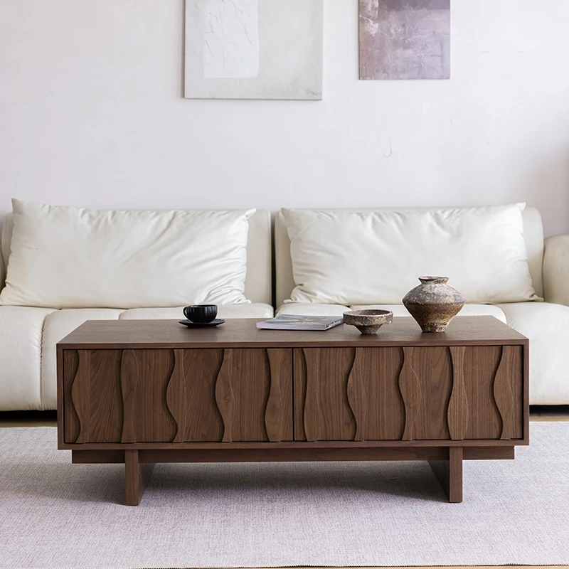 Mid-century stijl massief houten salontafel woonkamer zwart walnoot log eenvoudig licht luxe leisteen theetafel thuis klein appartement