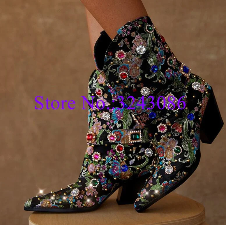 Embroidery Crystal Chunky Heel Woman Ankle Boots Luxury Design Jewel Decor Lady Mid-calf Boots Sexy Female Banquet Shoes