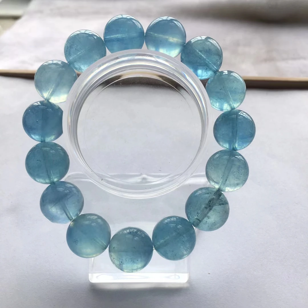 Natural Blue Aquamarine Clear Barrel Beads Bracelet 14mm Women Men Brazil Stretch Blue Aquamarine Jewelry AAAAA